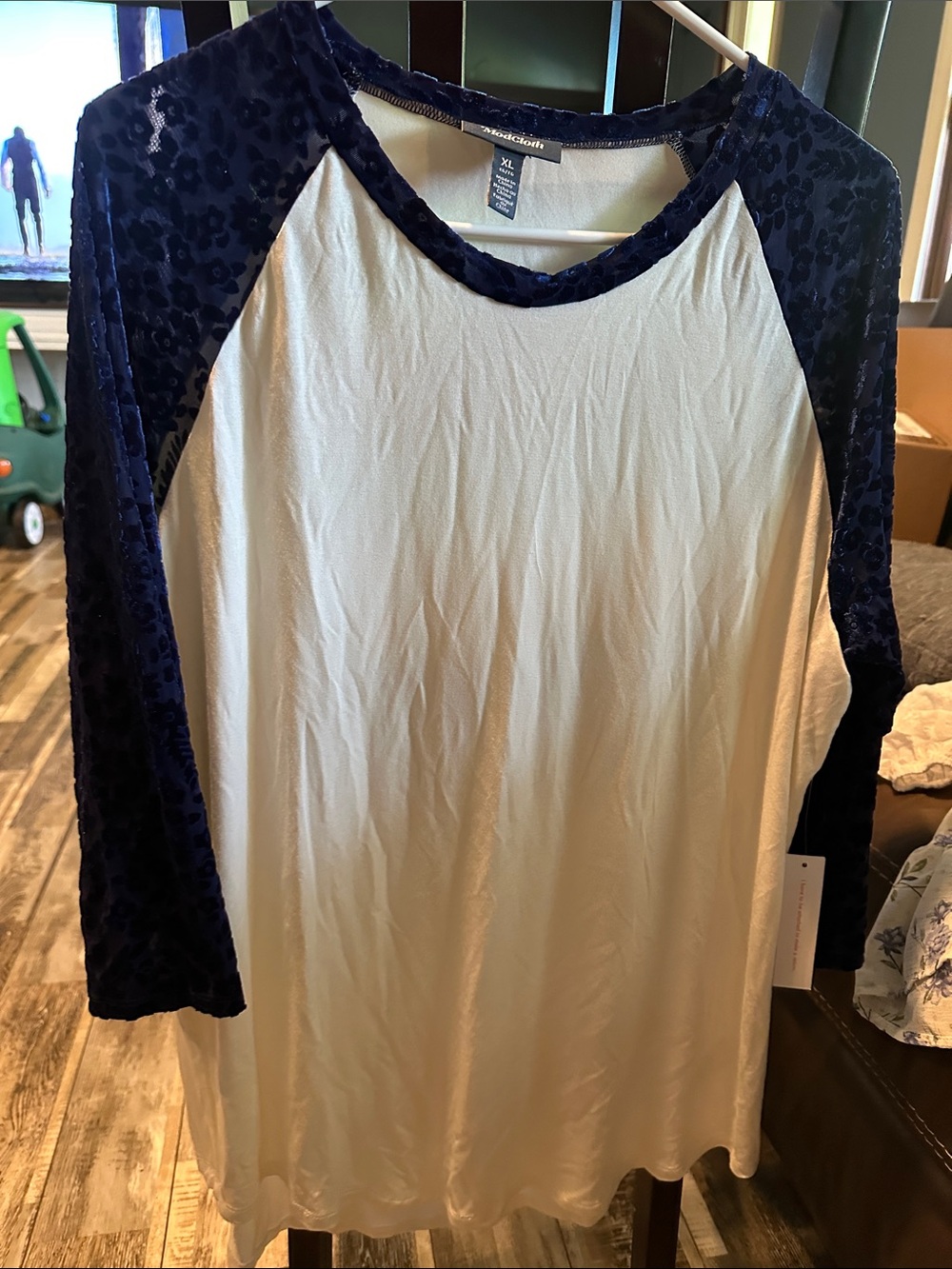 ModCloth Cream Tee with Navy Velvet Raglan Sleeves